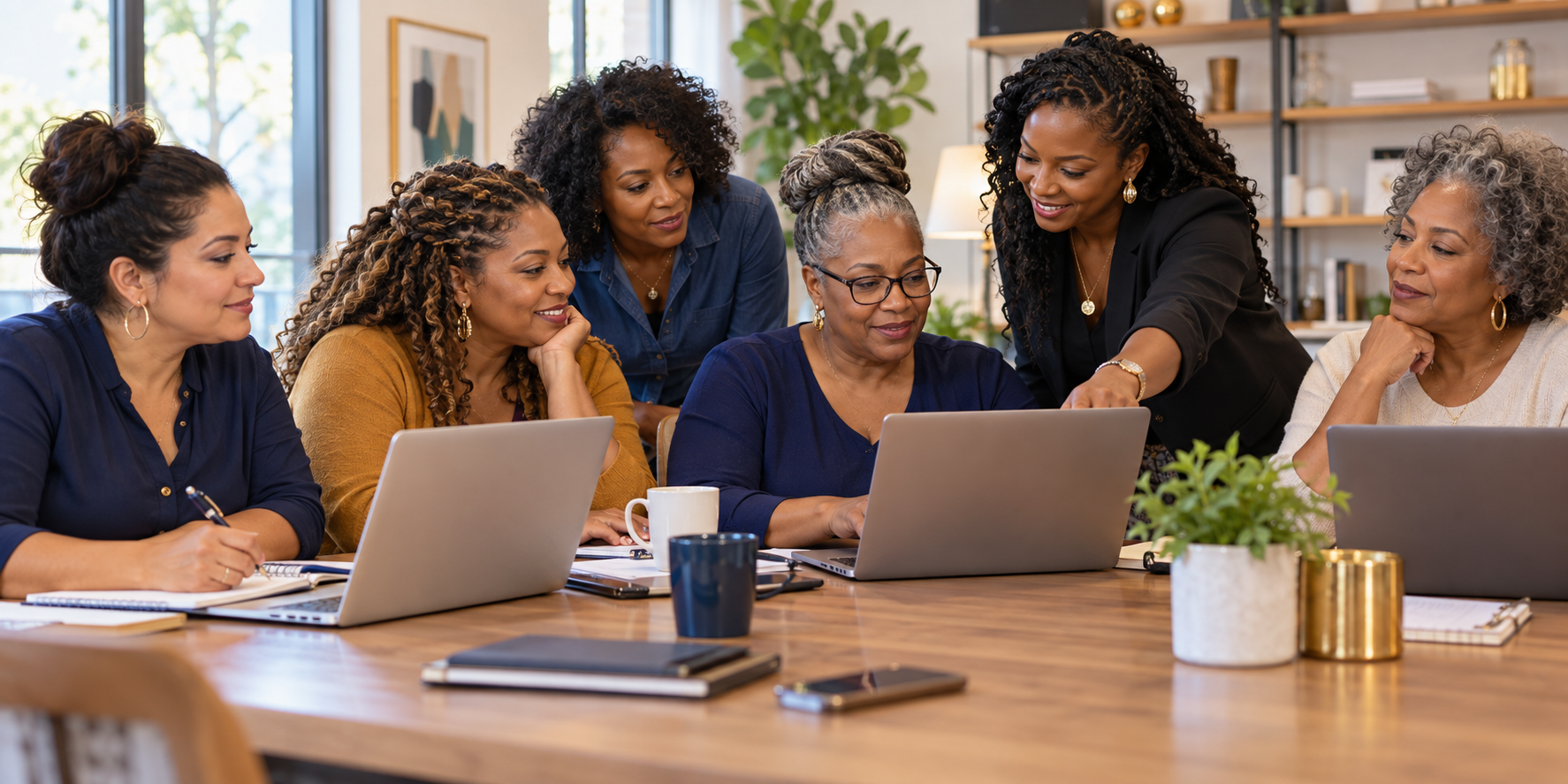 Illustrative scene of women learning together with laptops